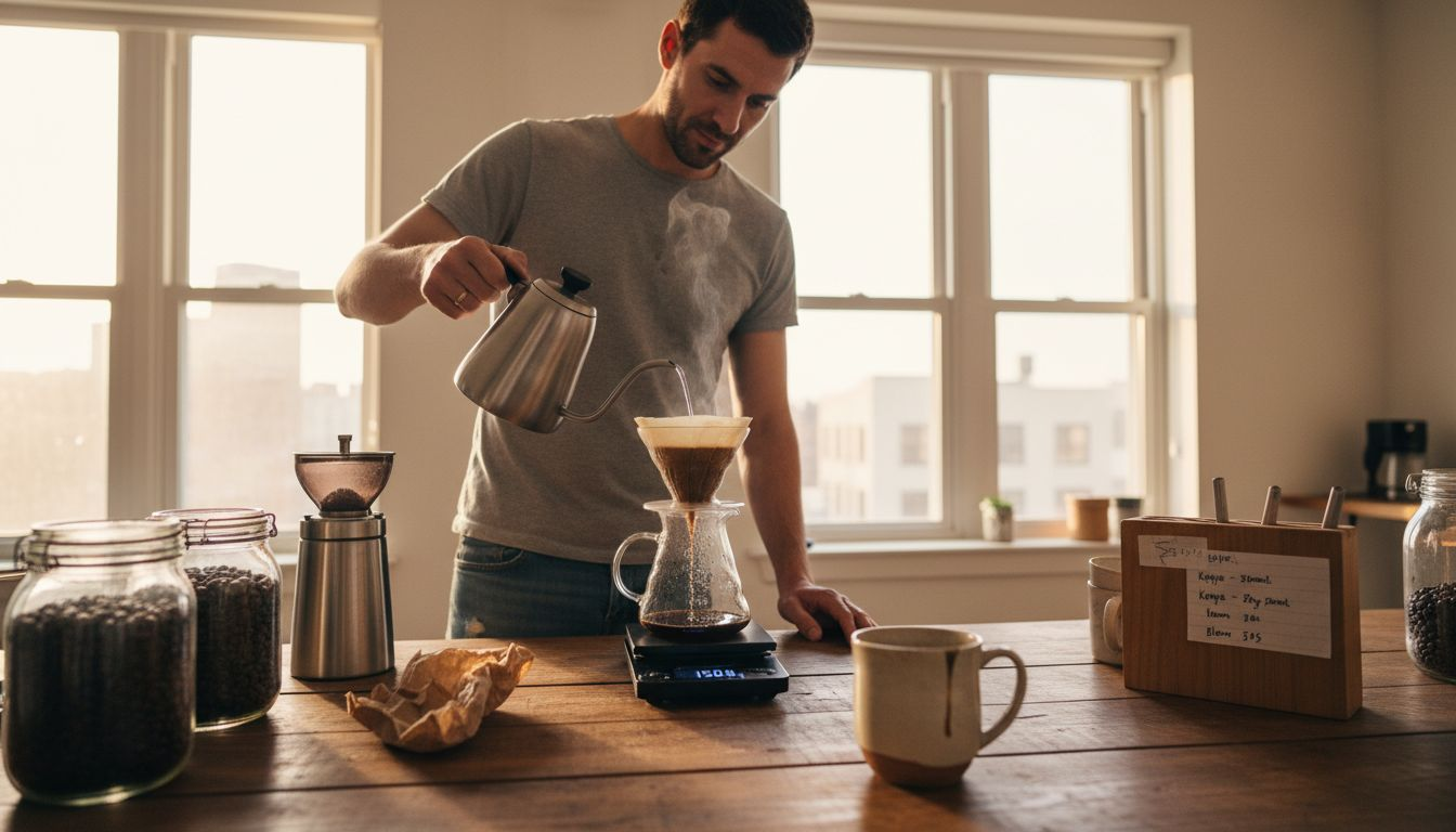 Man brewing coffee at home kitchen
