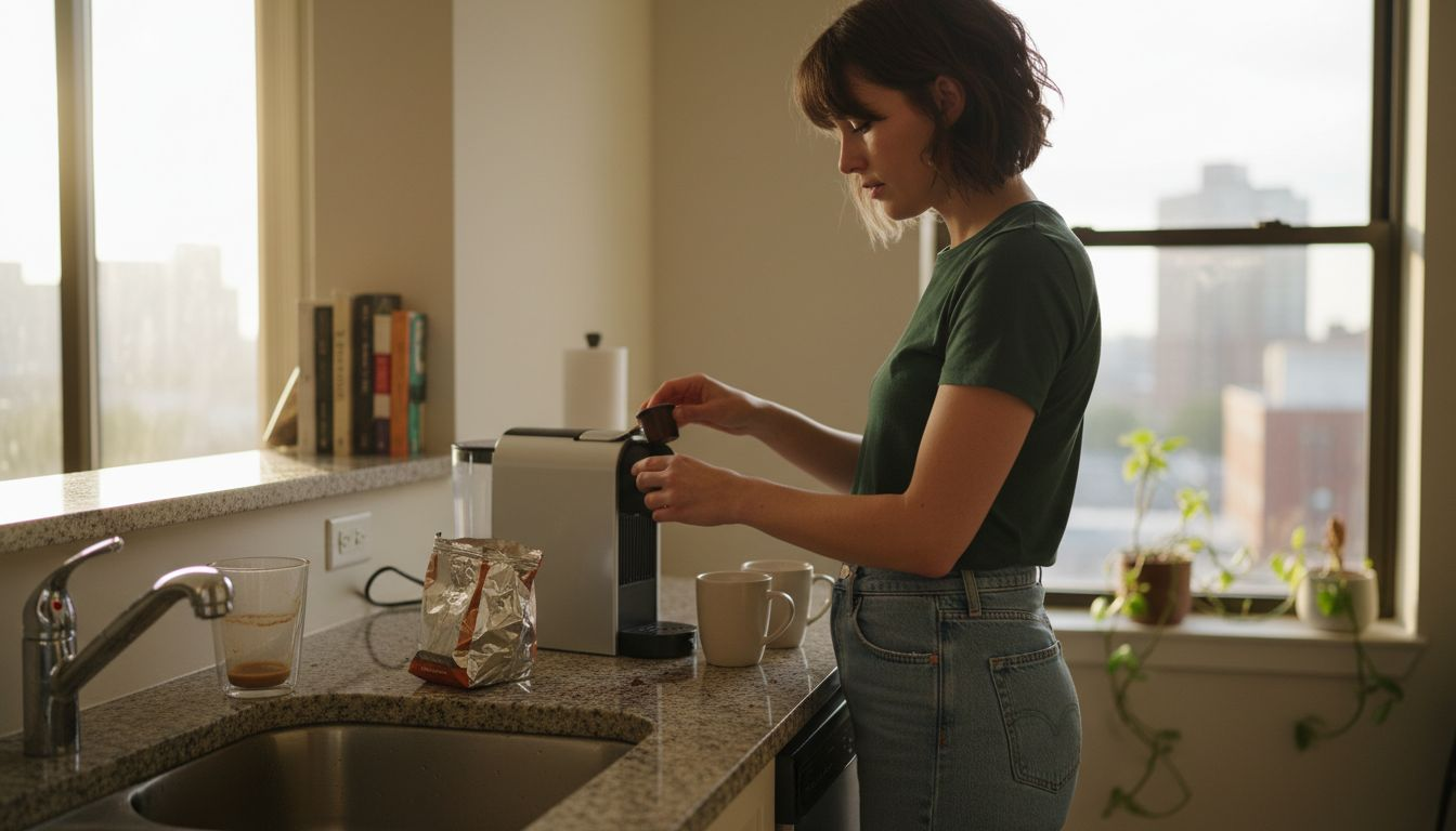 Woman making single serve coffee at home