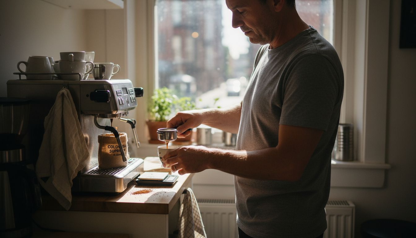 Man brewing espresso in cluttered kitchen