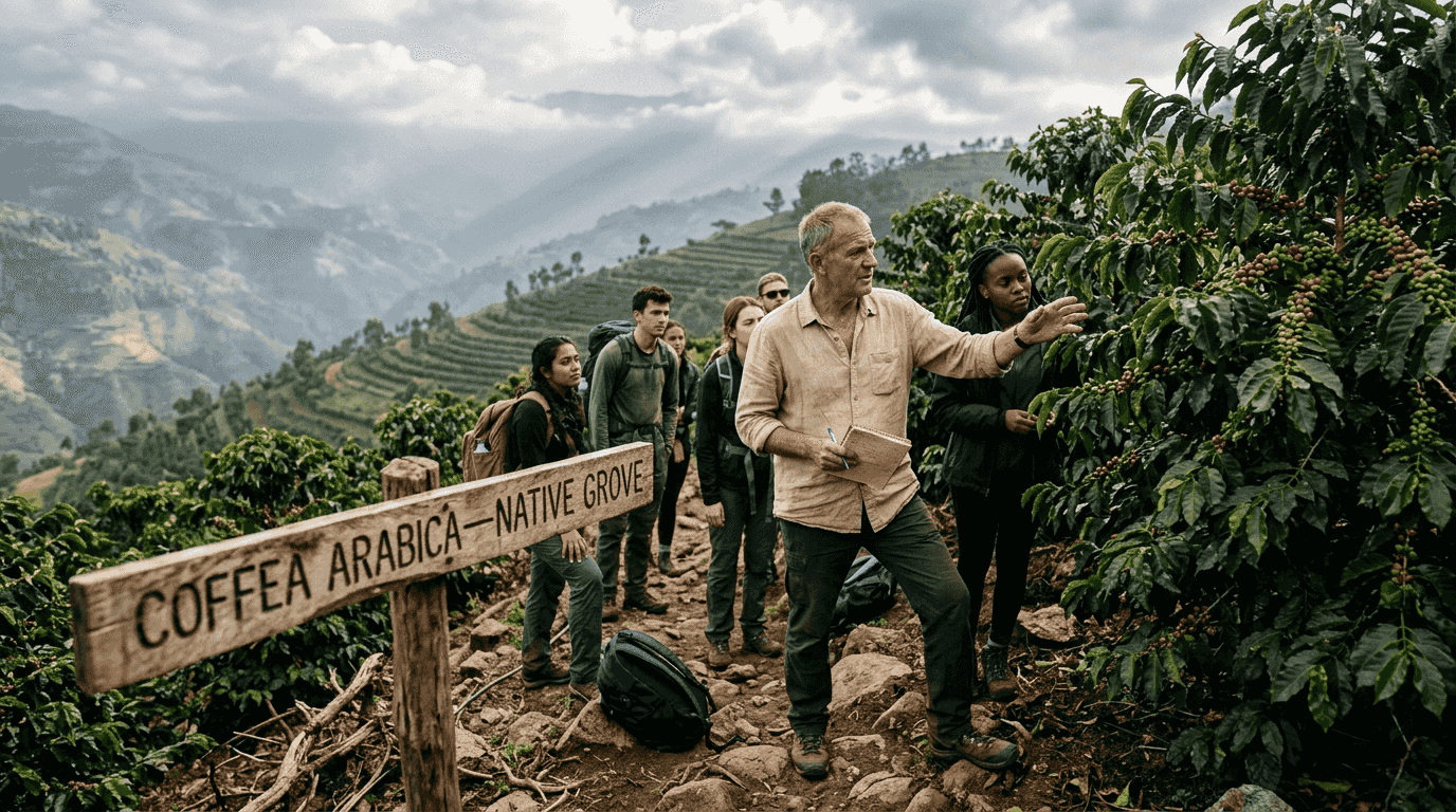 Botanist explains Arabica origins on Ethiopian hillside
