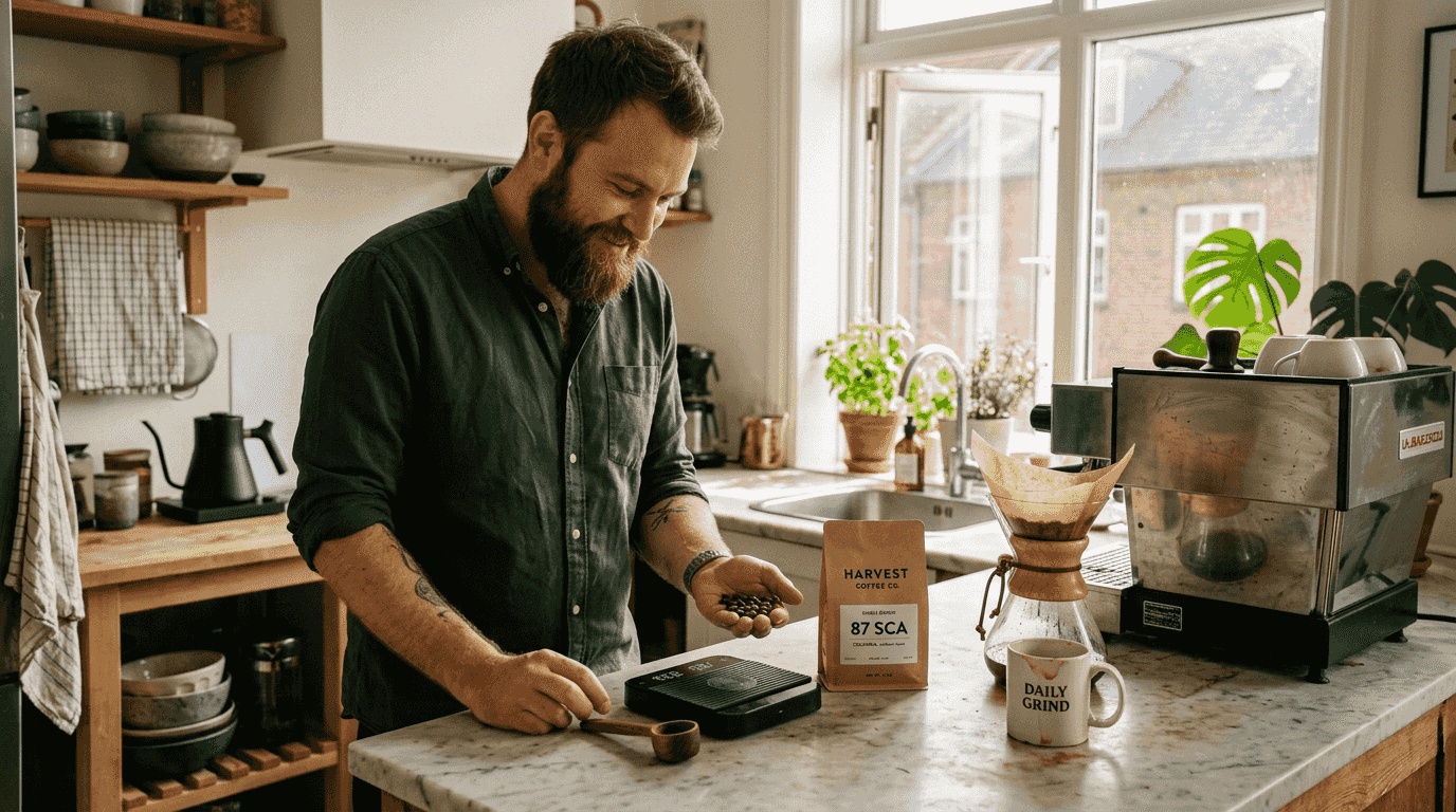 Person inspecting coffee beans at home kitchen