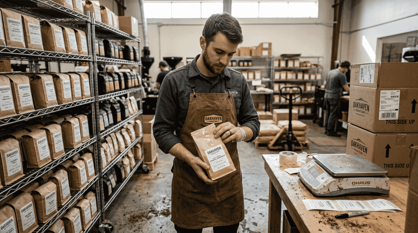 Worker inspects packaged coffee in warehouse