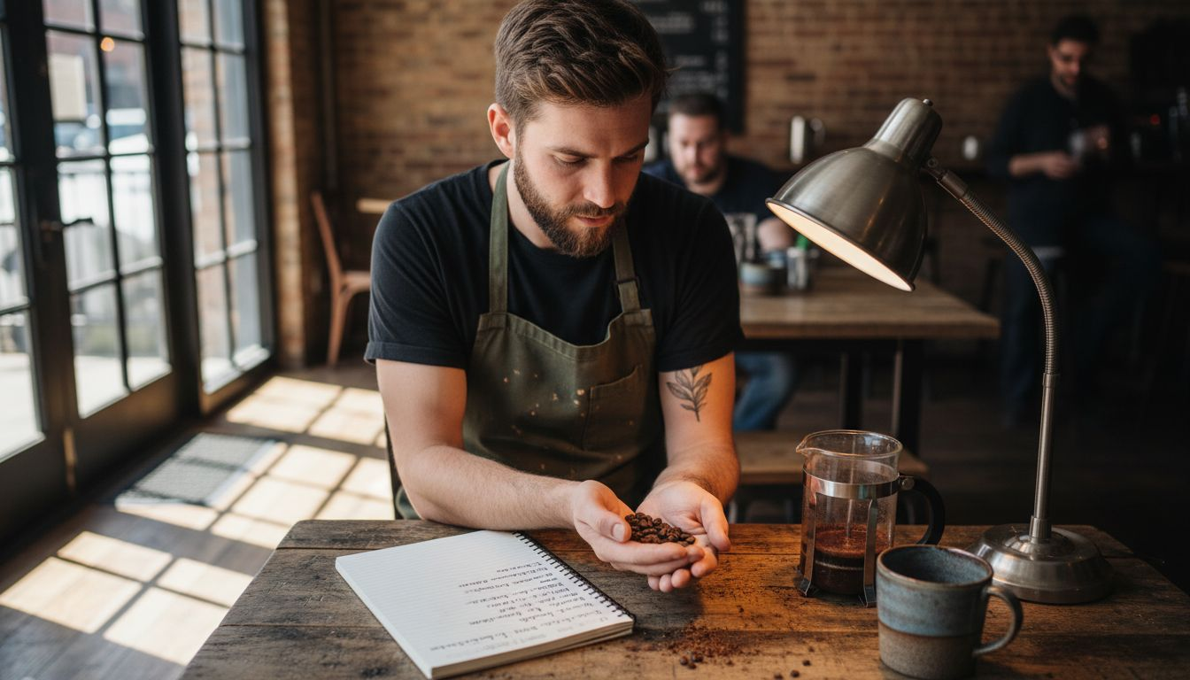 Barista evaluating coffee beans on wooden table
