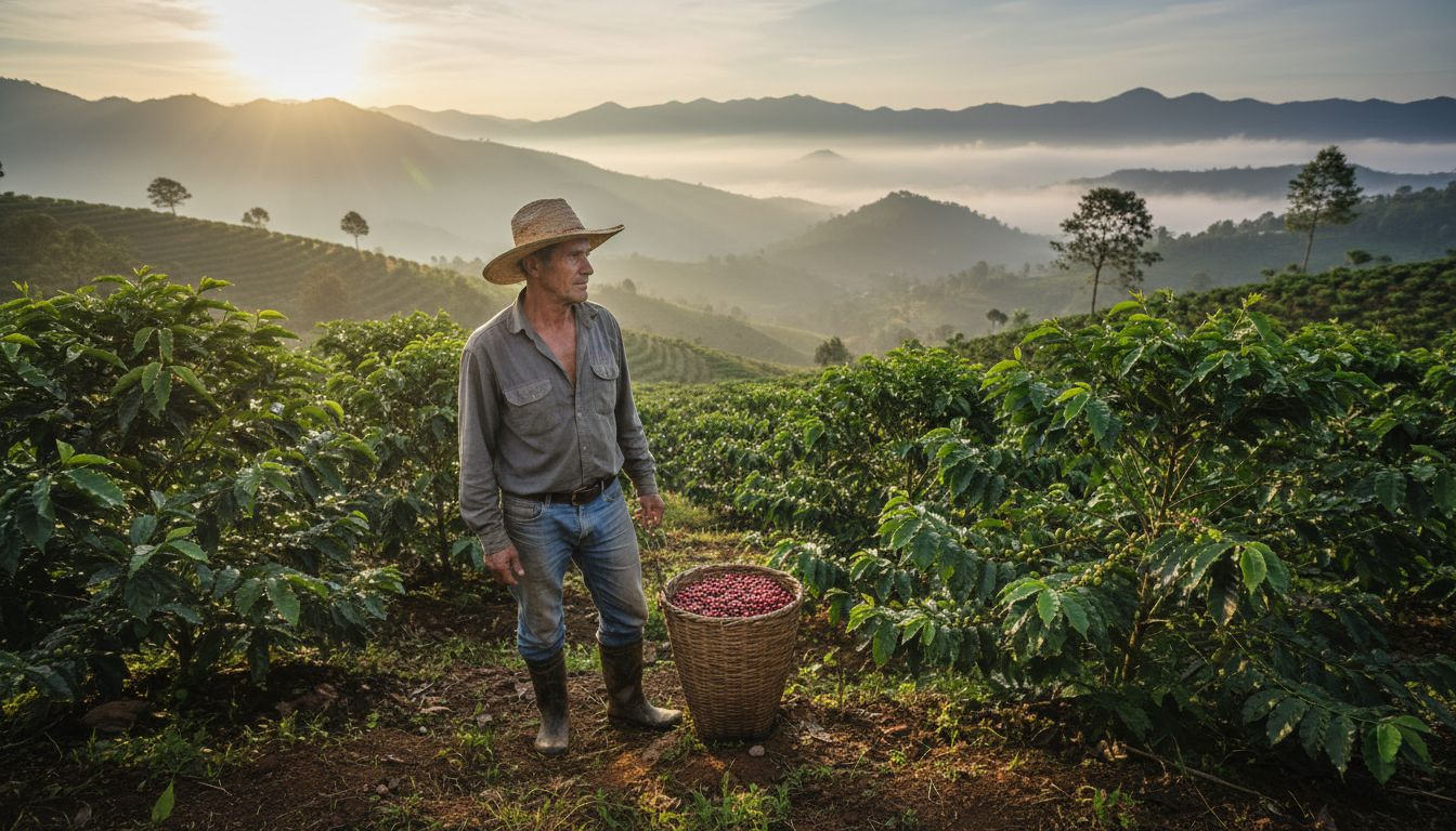 Farmer surveying hillside coffee crop at sunrise