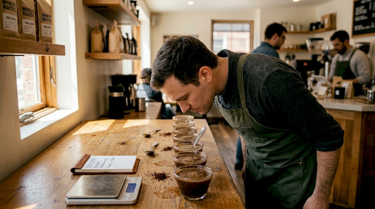Coffee pro evaluating aroma during cupping session