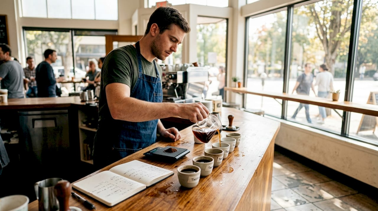 Barista pouring coffee varietal tasting samples