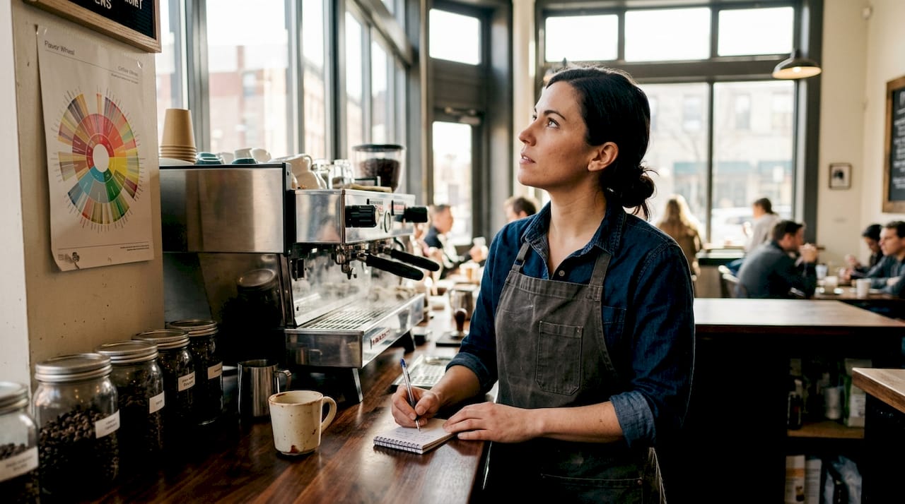 Barista referencing coffee flavor wheel