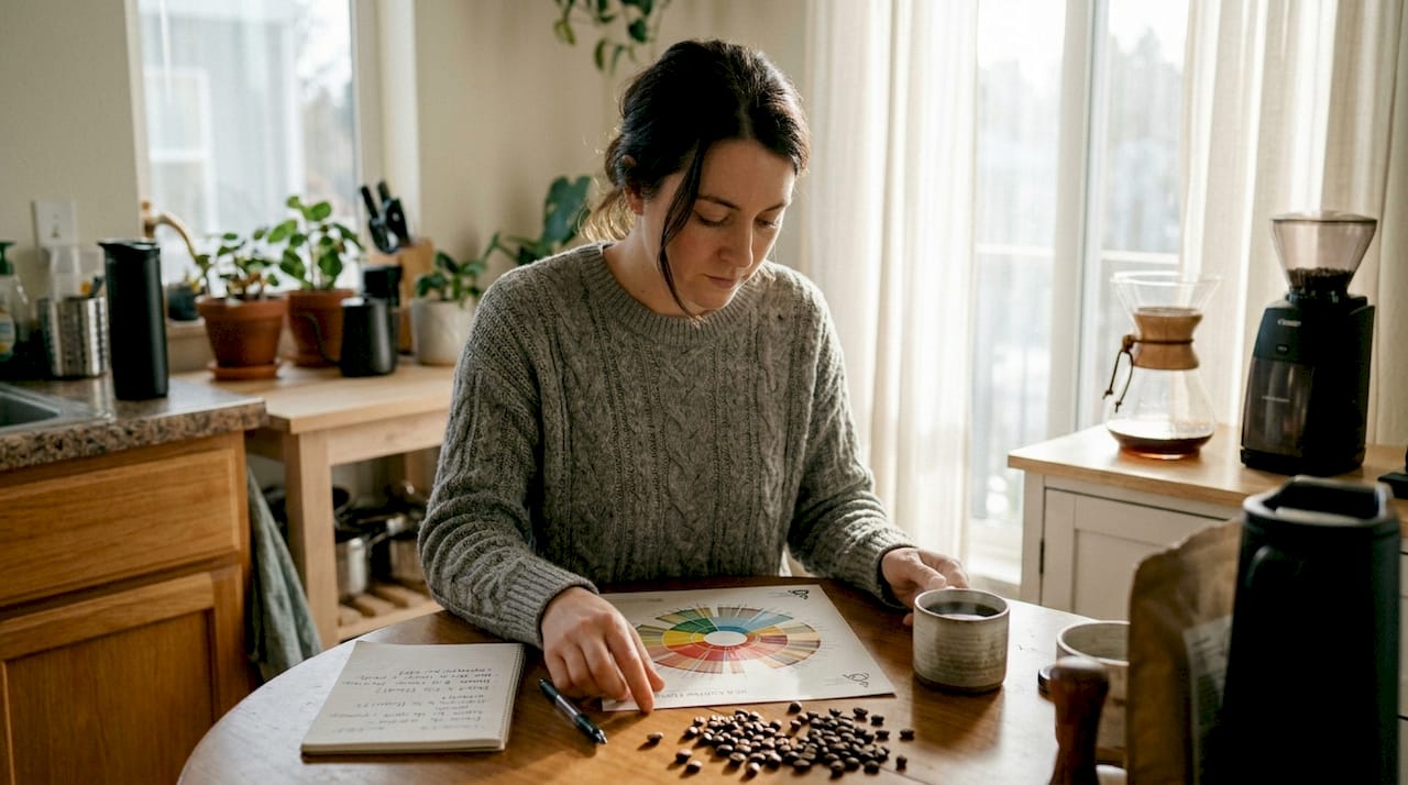 Woman referencing coffee flavor wheel kitchen