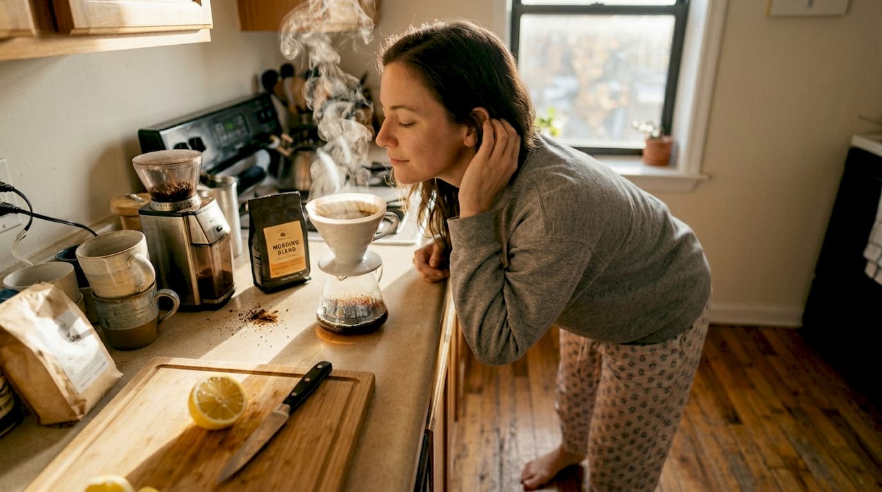 Woman enjoying coffee aroma in cozy kitchen