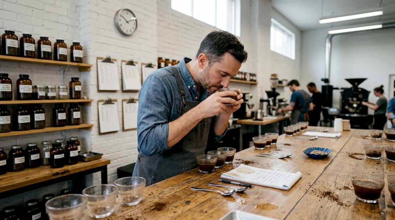 Coffee taster evaluating sample cups in lab