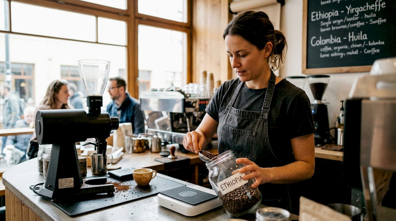 Barista weighing single origin coffee beans
