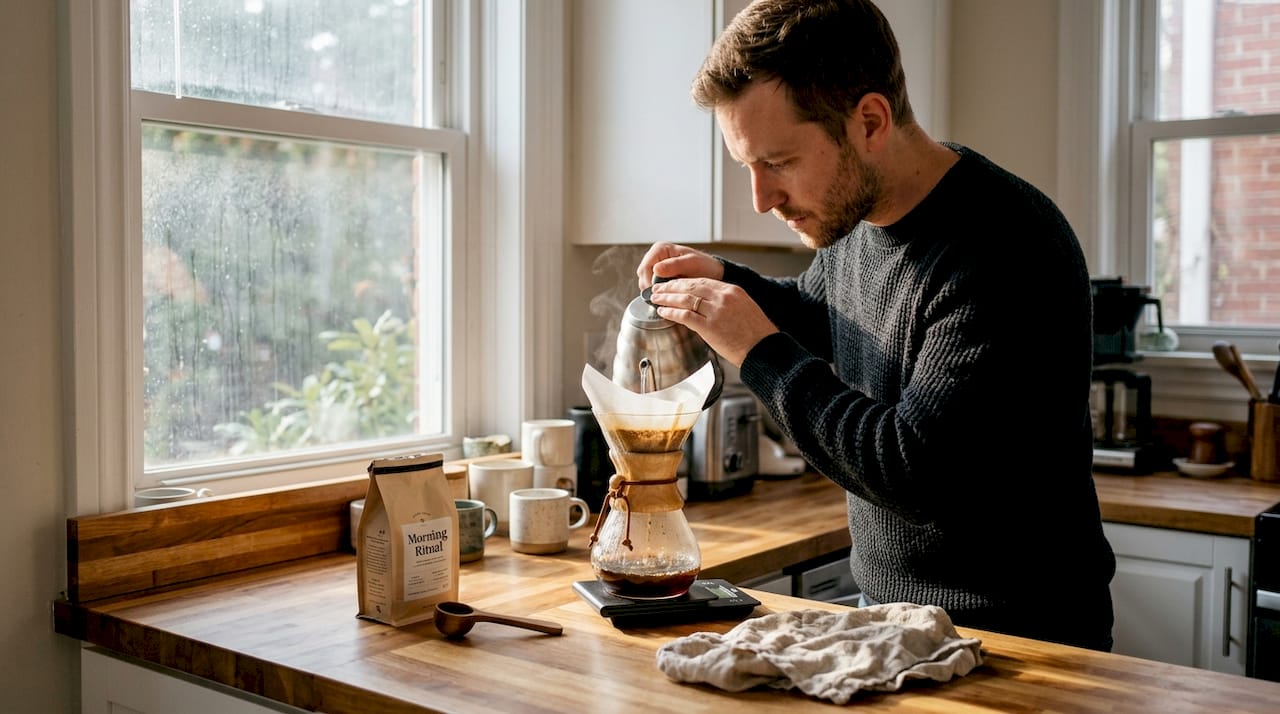 Person brewing coffee with visible bloom