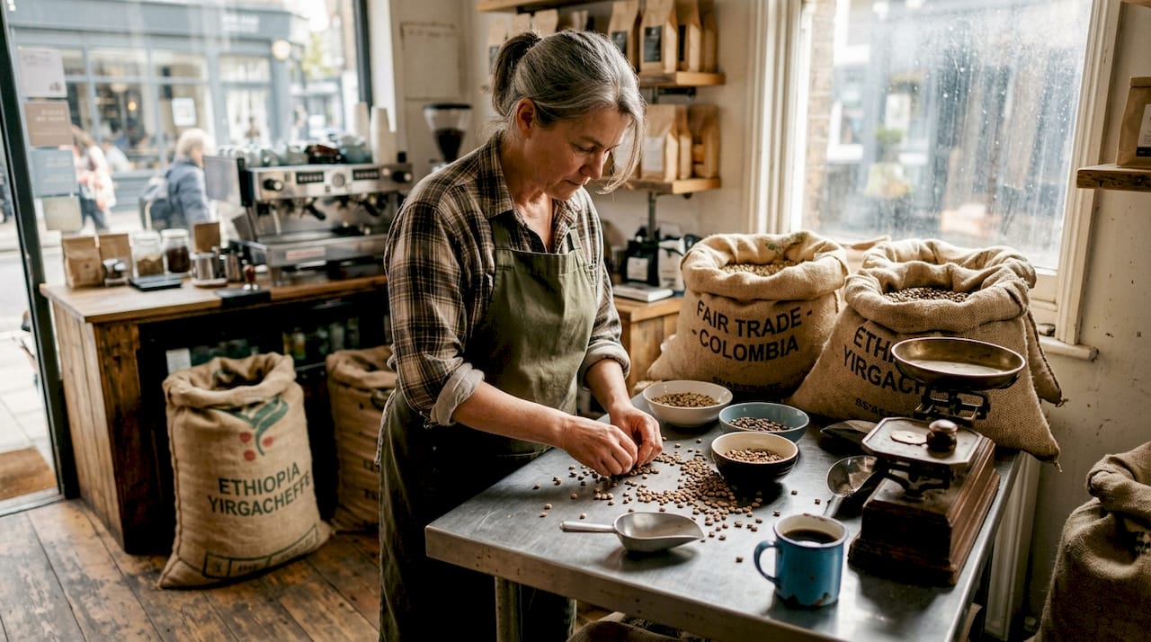 Barista sorting coffee beans in café