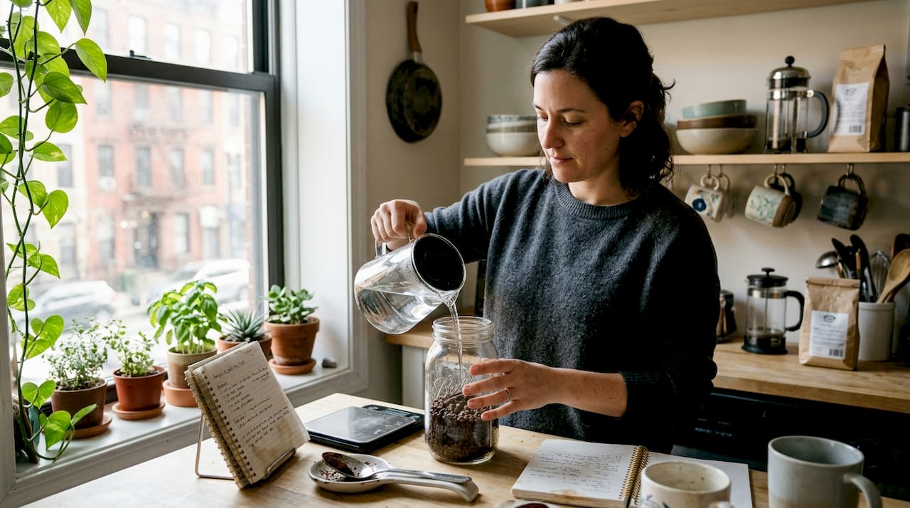 Woman making cold brew at home kitchen