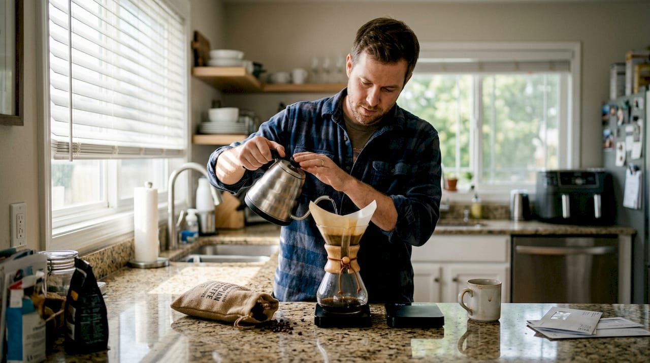 Home coffee brewing with Chemex in kitchen
