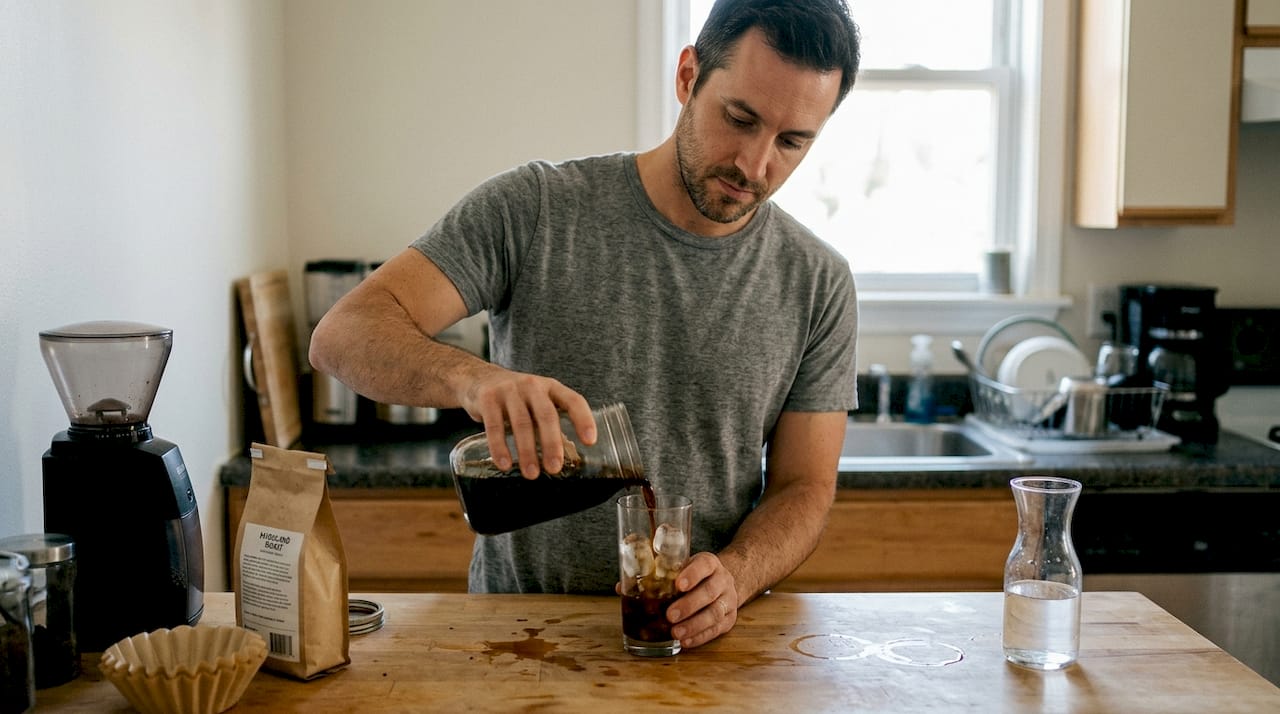 Man pours cold brew coffee in home kitchen