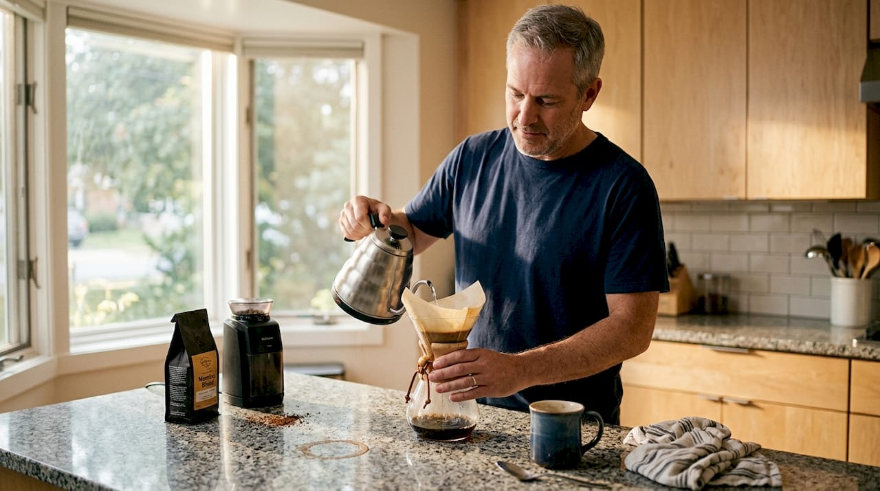 Man brewing coffee in sunlit kitchen