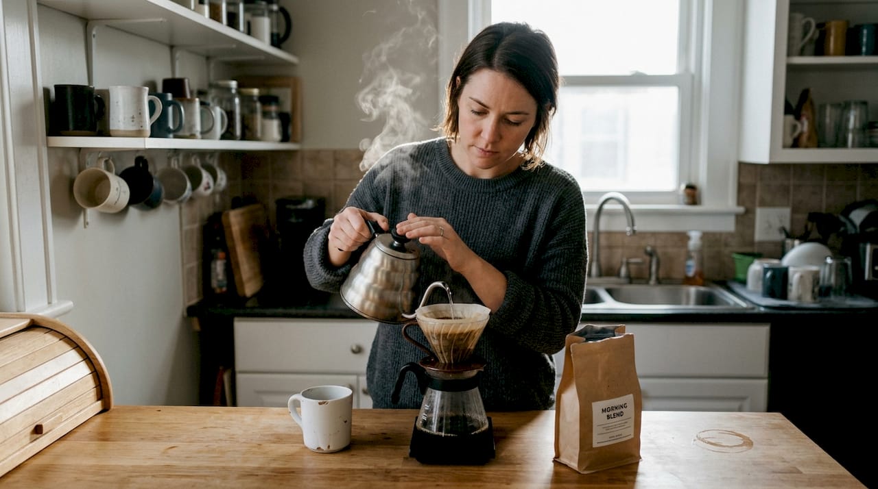 Woman brewing pour-over coffee in kitchen