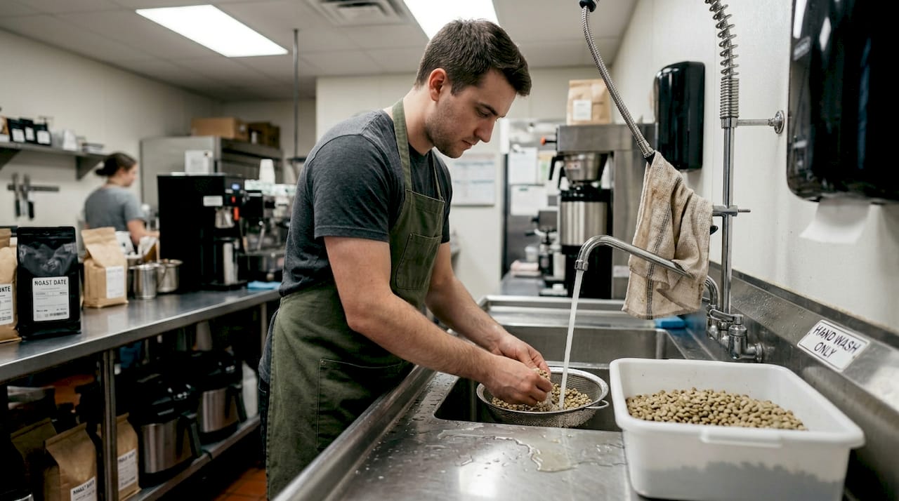 Worker washing coffee beans in kitchen sink