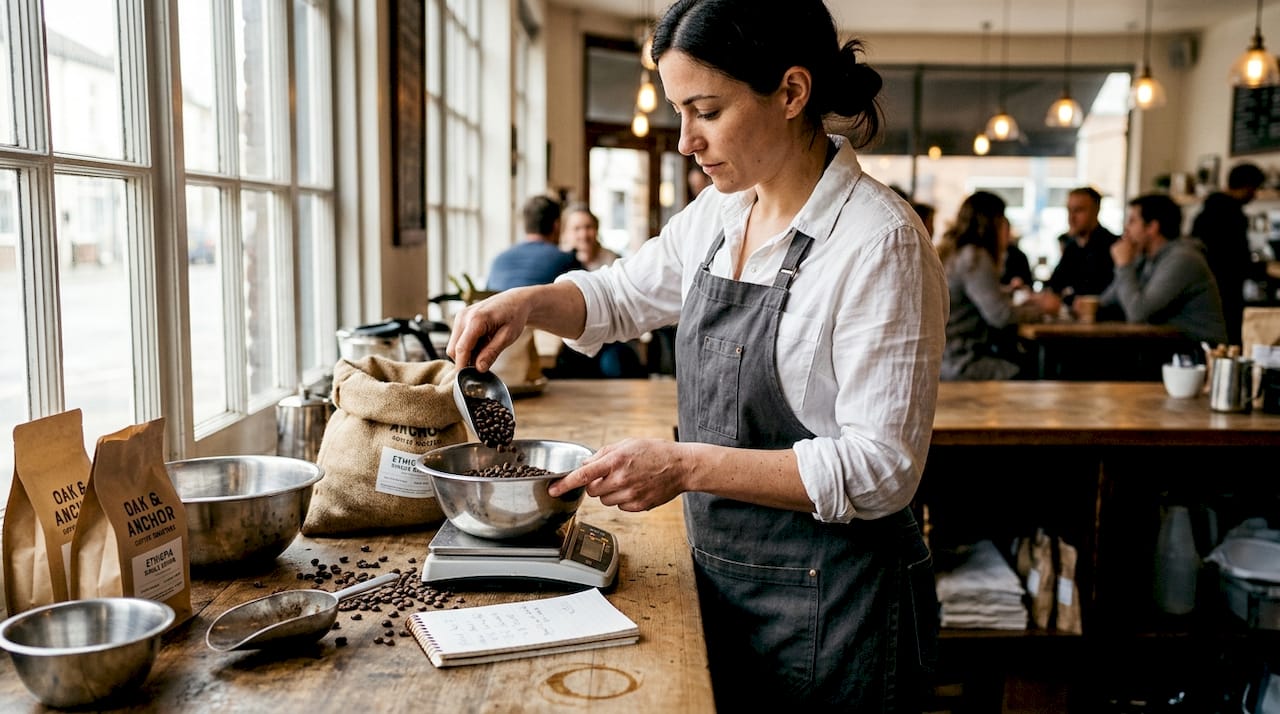 Barista blending coffee beans in café