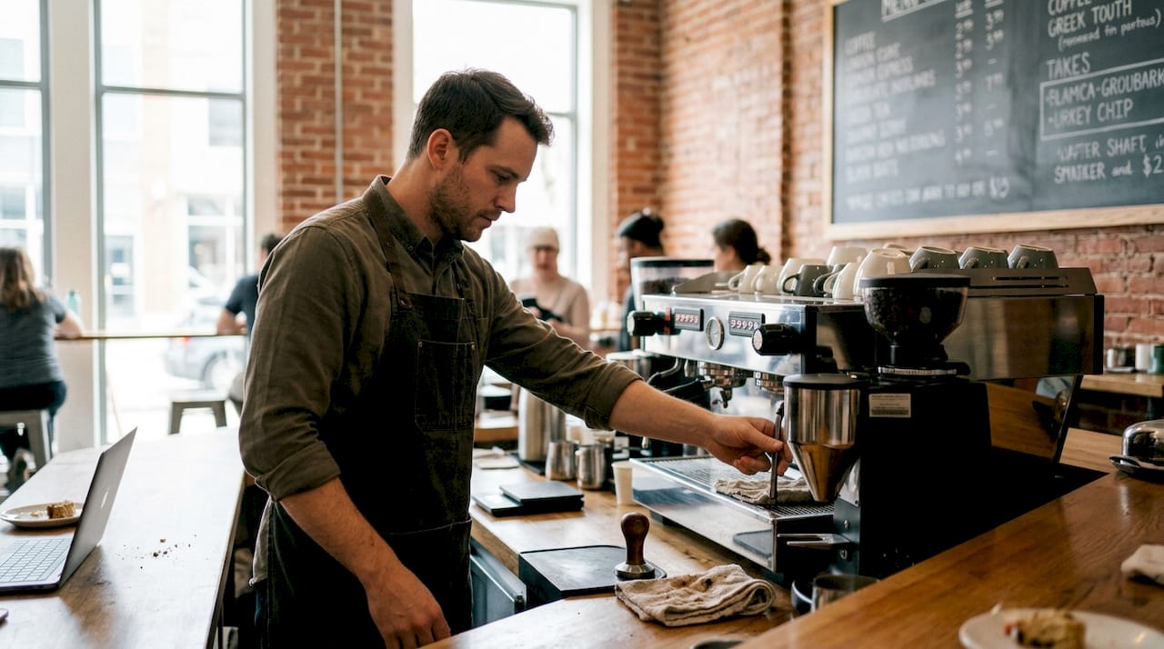 Barista calibrating espresso machine during morning