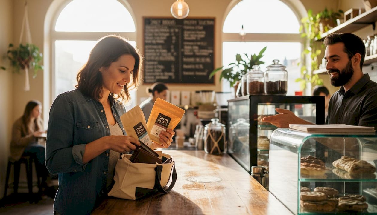 Woman choosing coffee beans at café counter