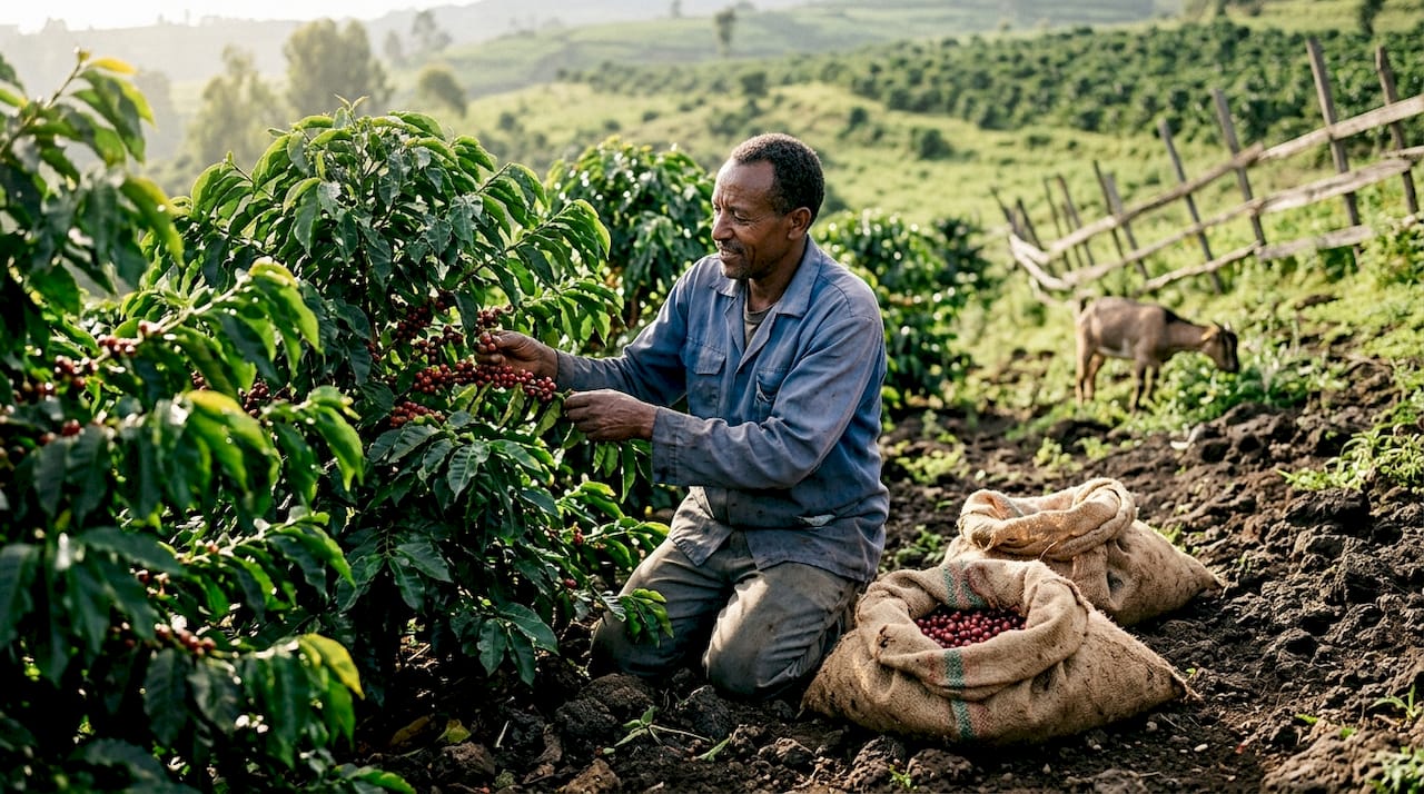 Farmer harvesting coffee cherries in Ethiopian highlands