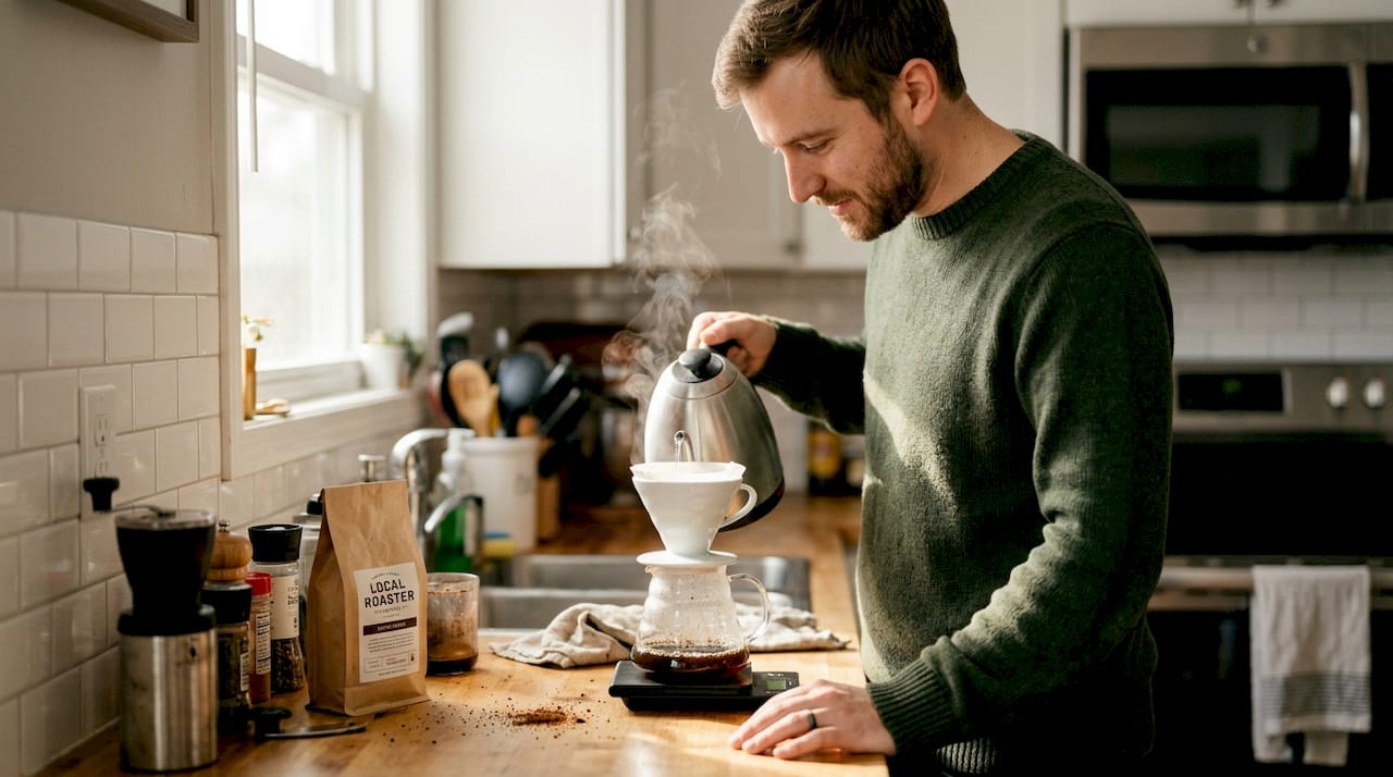 Man brewing pour-over coffee in home kitchen