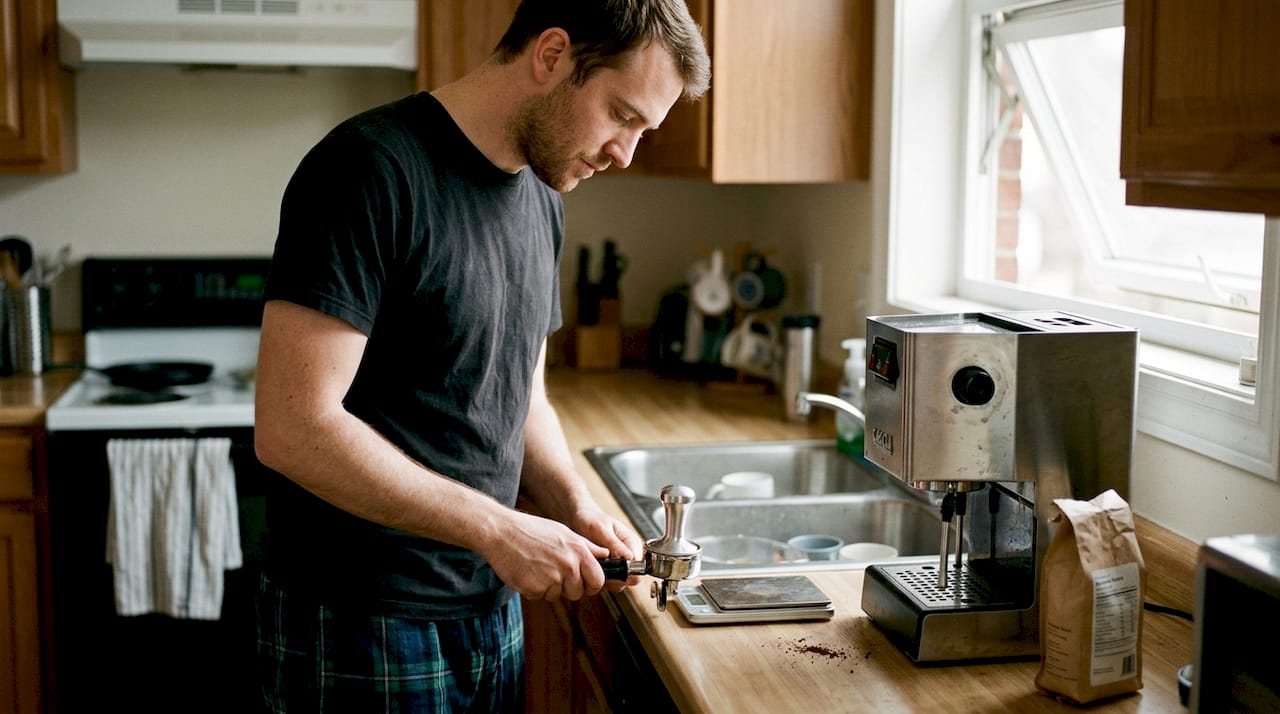 Man tamping espresso in home kitchen