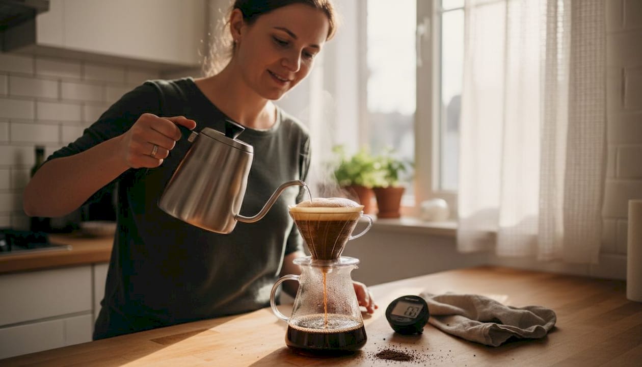 Woman blooming coffee in home kitchen