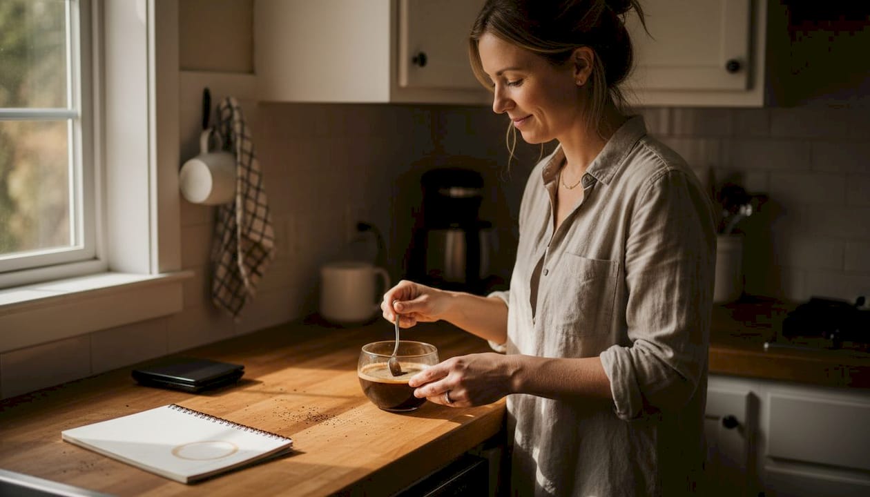 Woman tasting coffee at sunlit kitchen counter
