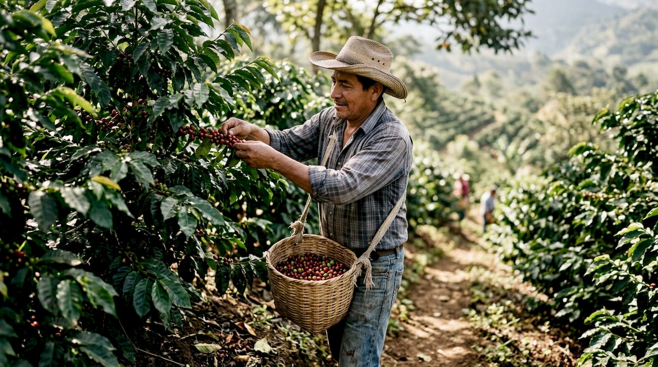 Coffee farmer picking ripe organic cherries