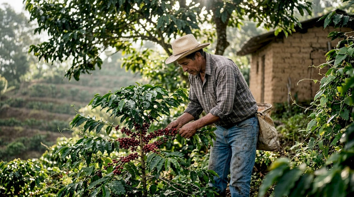 Farmer inspecting coffee cherries on hillside