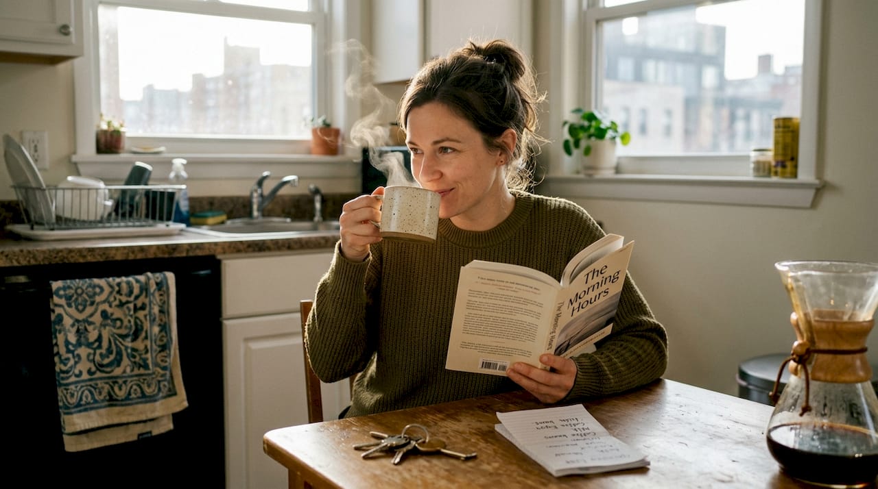 Woman enjoys coffee at kitchen table in morning