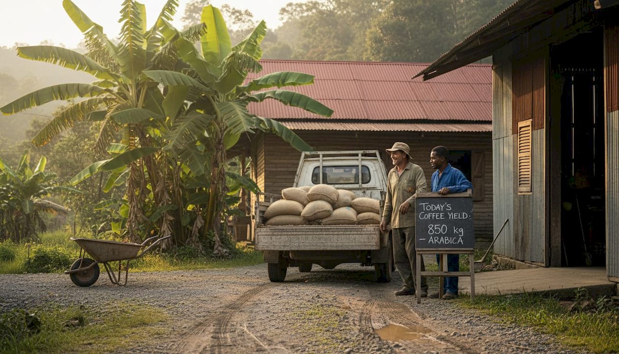 Coffee farmer at village cooperative unloading sacks