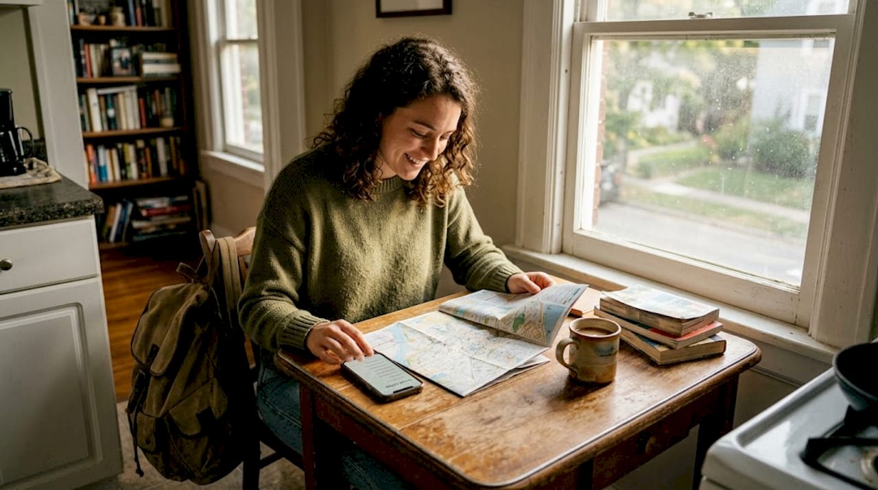 Traveler planning coffee stops in kitchen