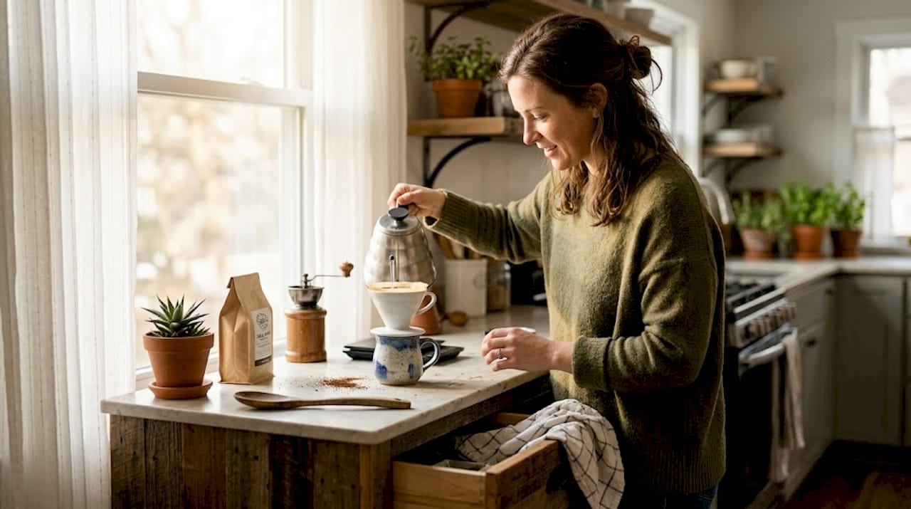 Home coffee bar setup on reclaimed wood sideboard