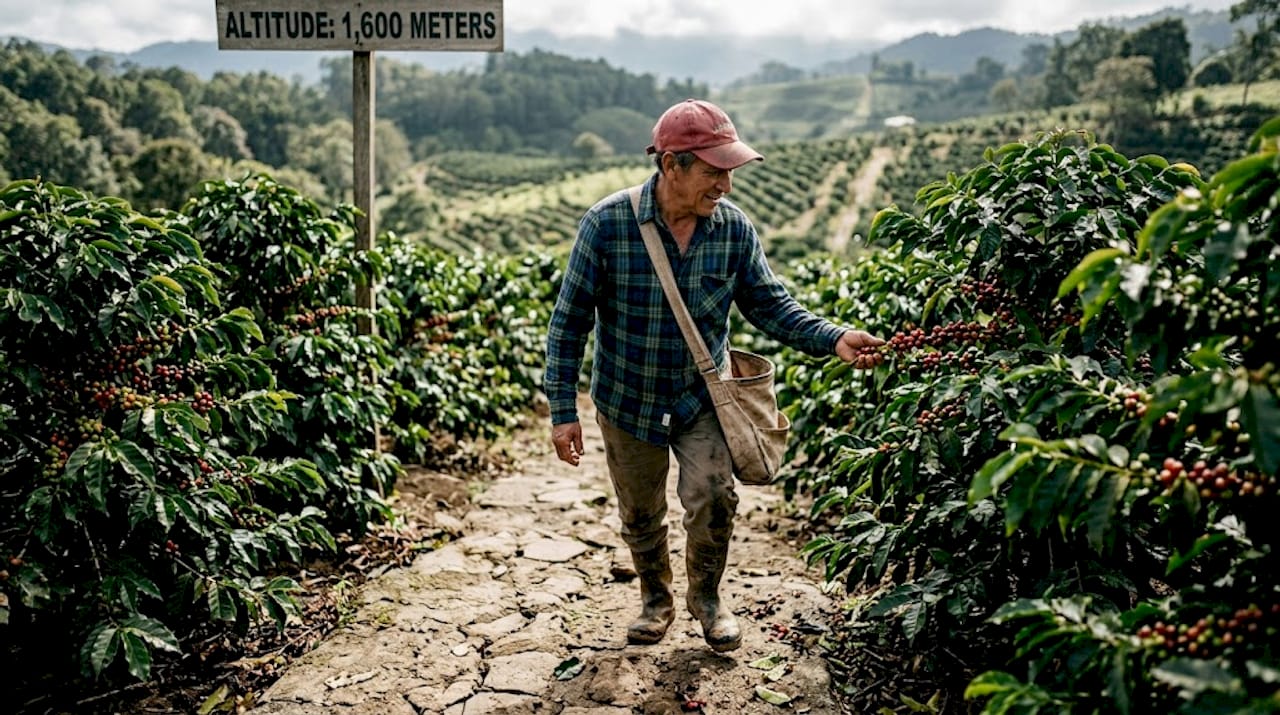 Farmer inspecting coffee cherries at high altitude