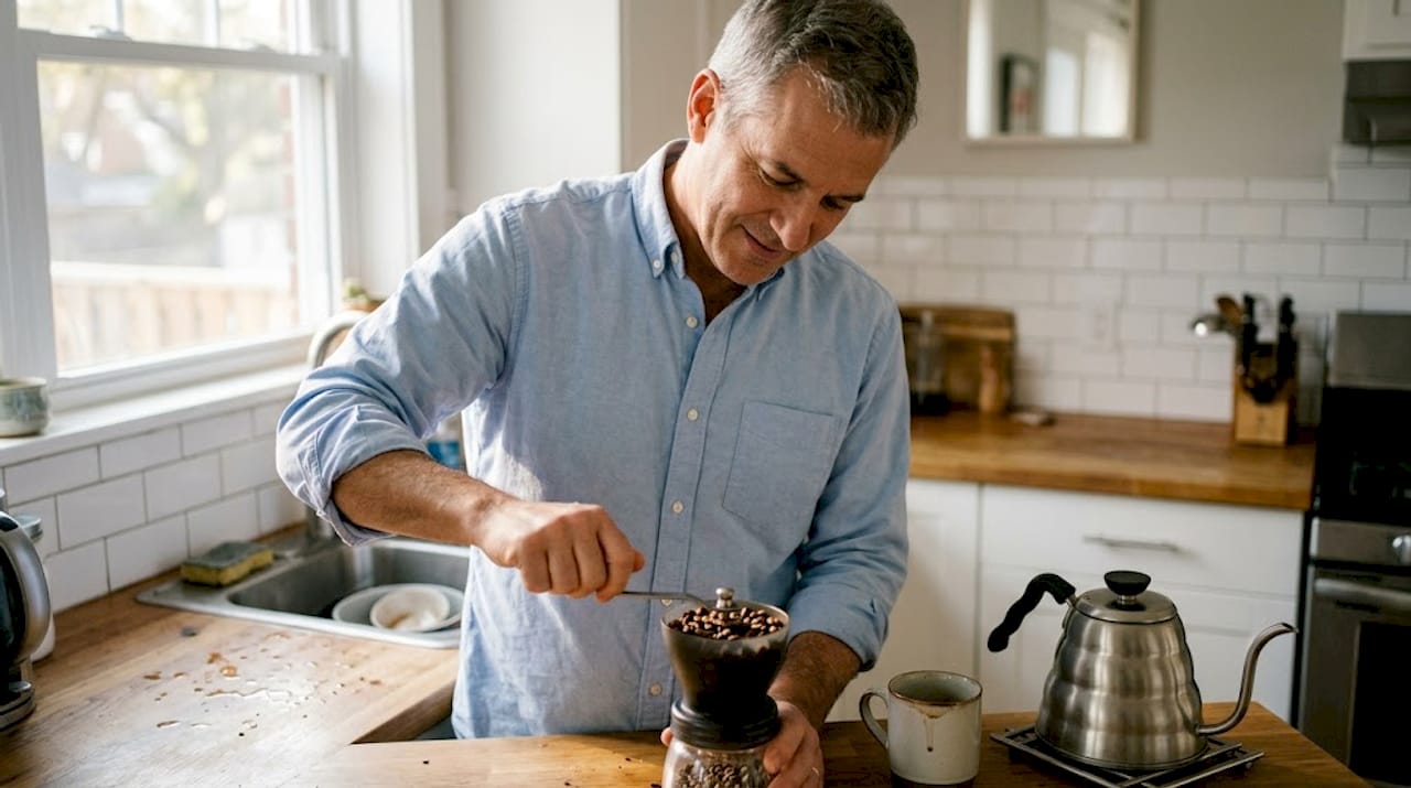 Man grinding coffee beans in kitchen