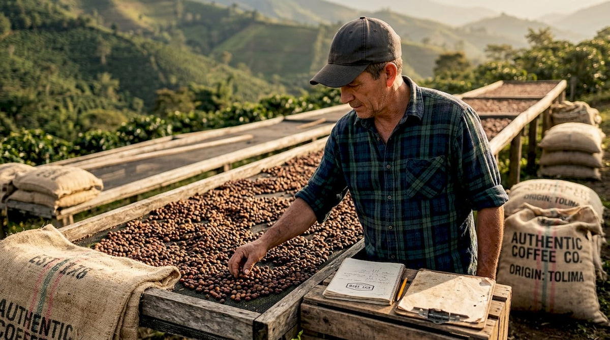 Coffee farmer inspecting drying cherries outdoors