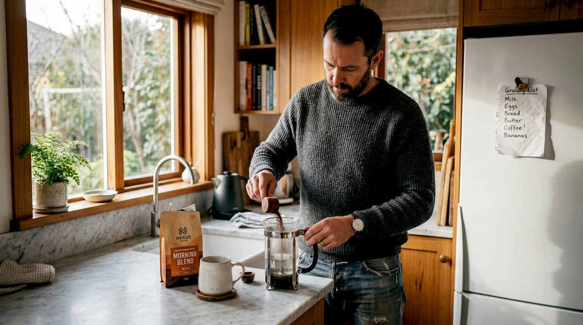 Man brewing fresh coffee in kitchen