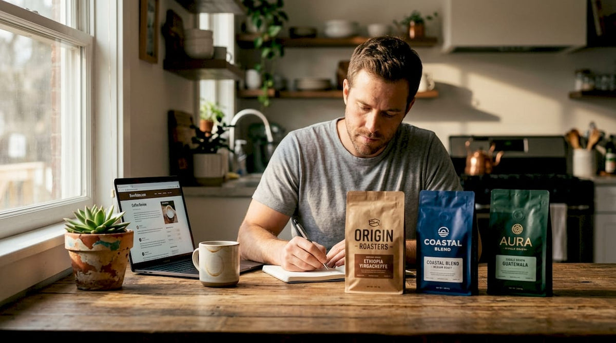 Man comparing different specialty coffee bags at kitchen table