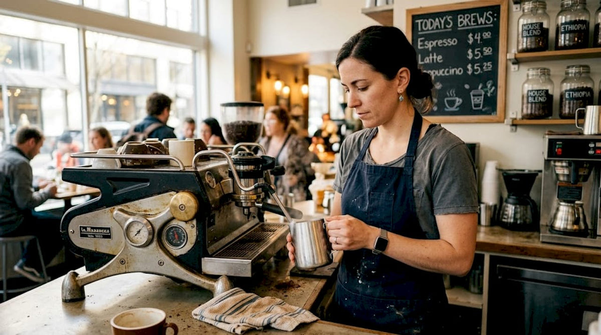 Barista steaming milk in busy café