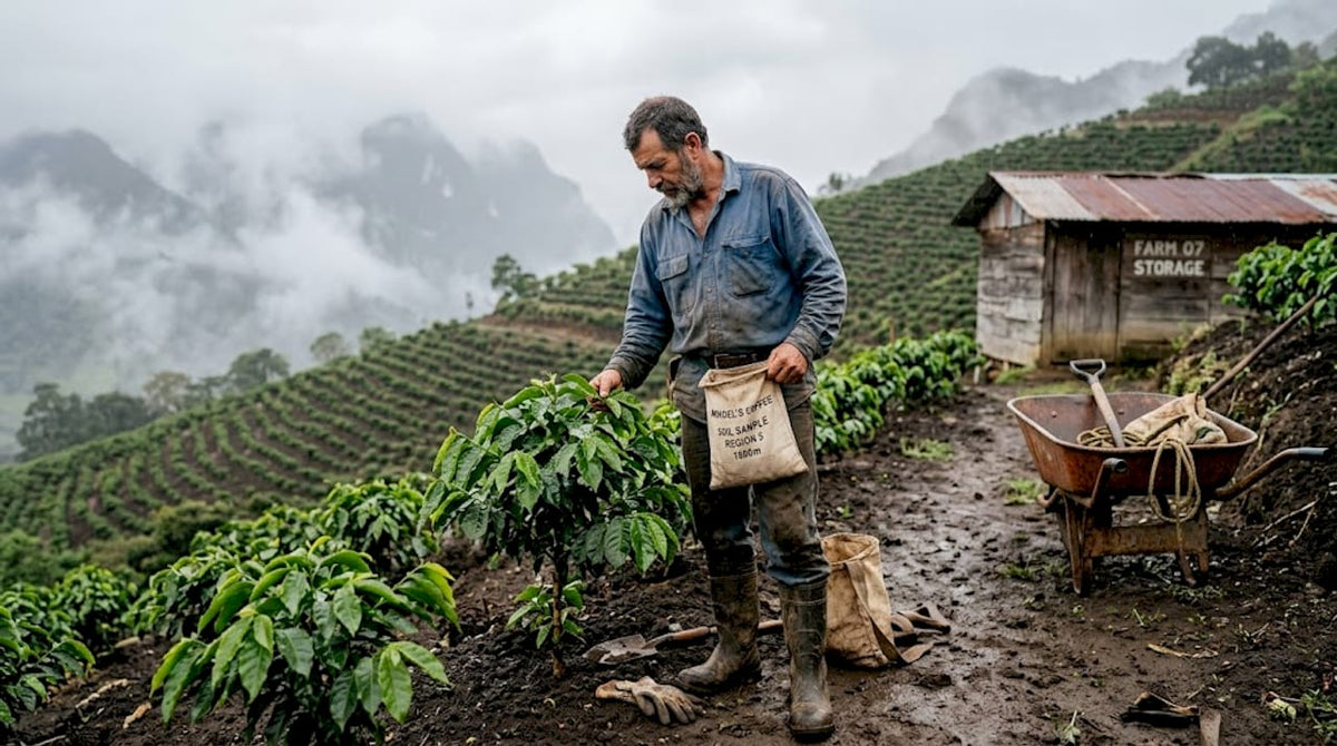 Coffee farmer inspecting hillside coffee plants