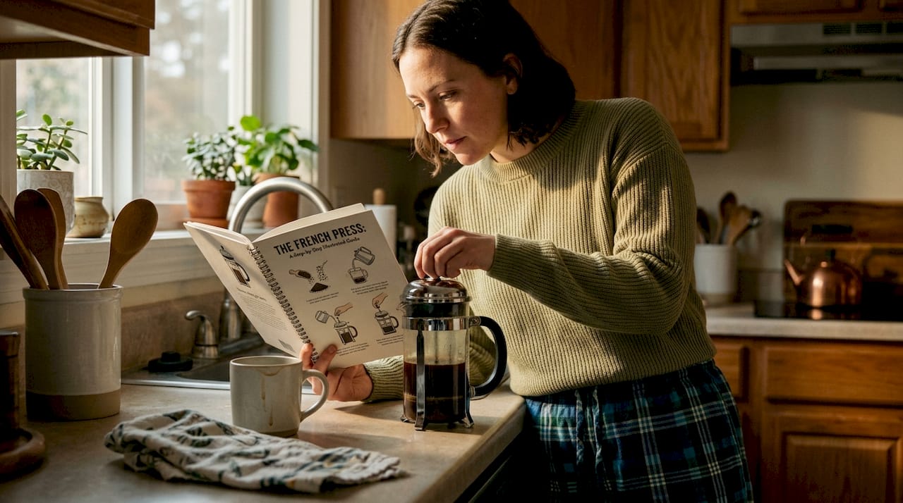 Woman learning coffee brewing at home counter