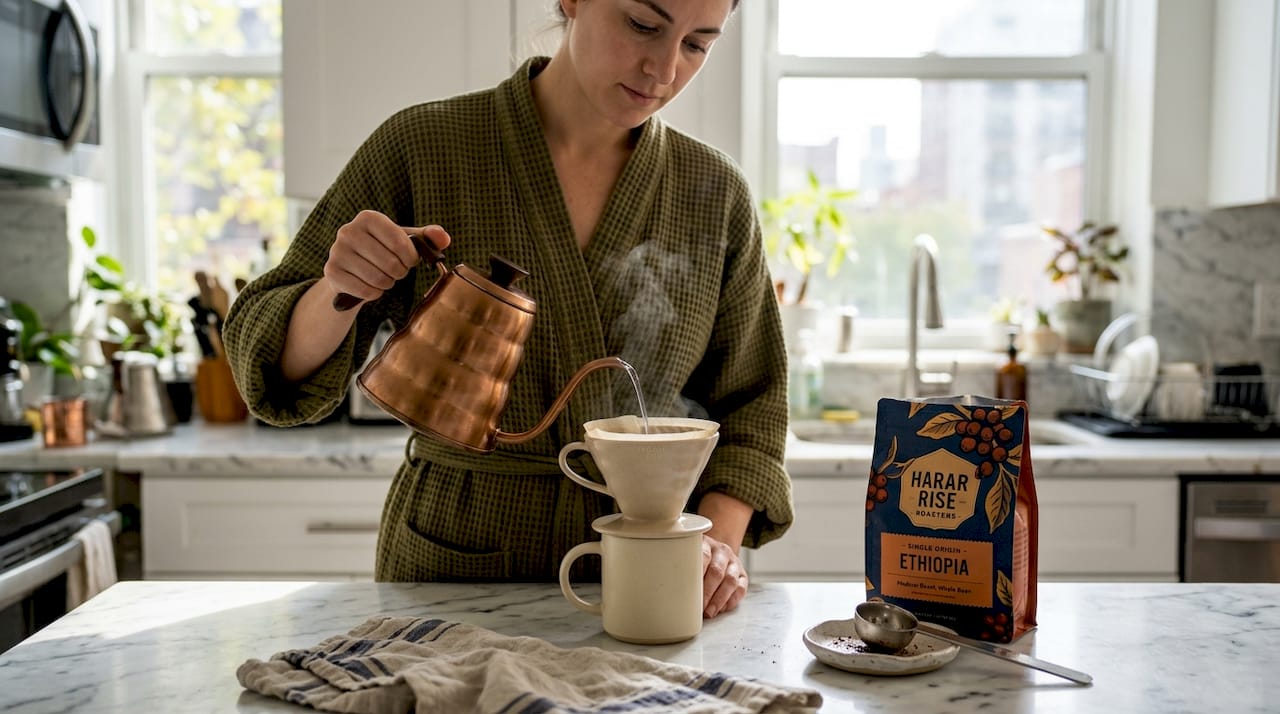 Woman brewing coffee at home kitchen