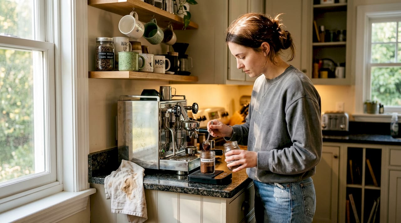 Home barista preparing coffee in kitchen