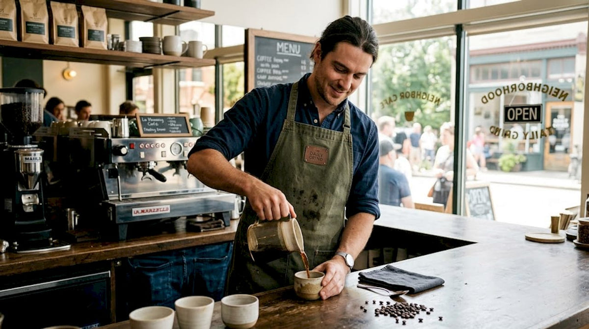 Barista pouring coffee in sunlit café