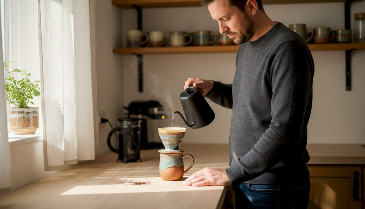 Man making filter coffee at home kitchen