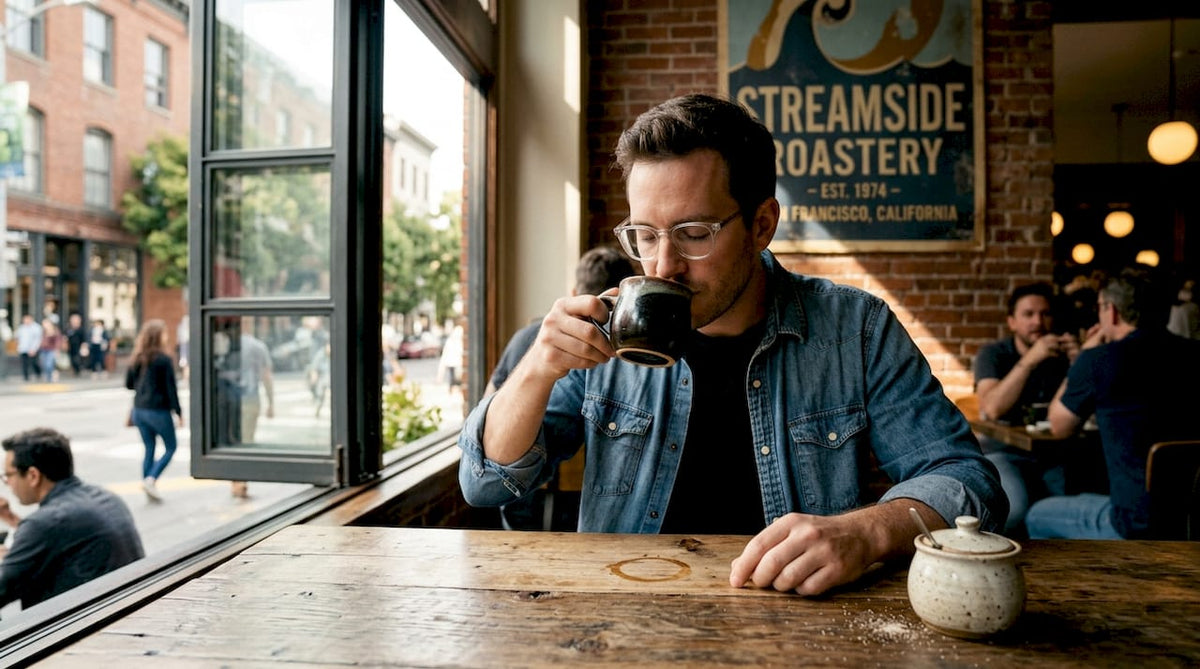 Man tasting coffee and smelling aroma in café